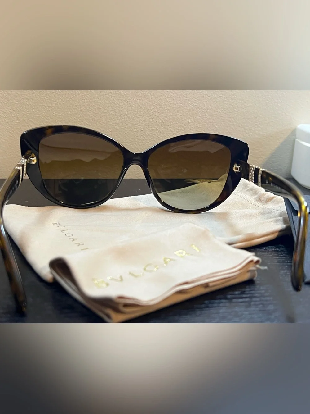 Bvlgari Black Tortoiseshell Cat-Eye Sunglasses with Brown Gradient Lenses